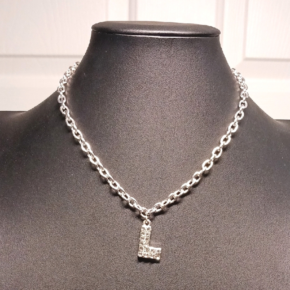 16" Silver-Tone Chain Necklace with Rhinestone Letter L Pendant